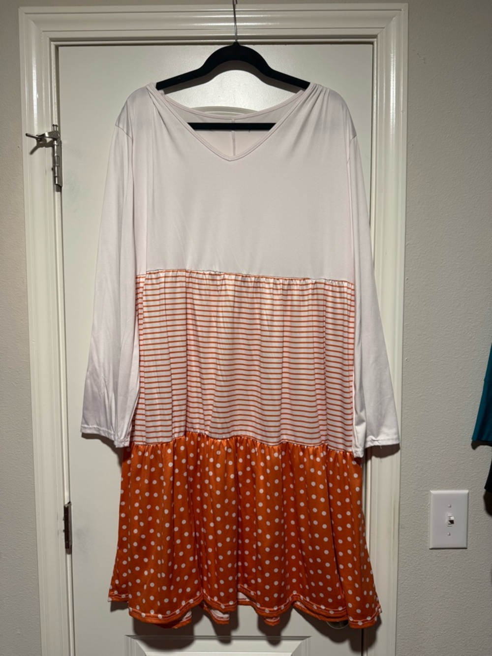 White and Orange Tiered Polka Dot Long Sleeve Dress